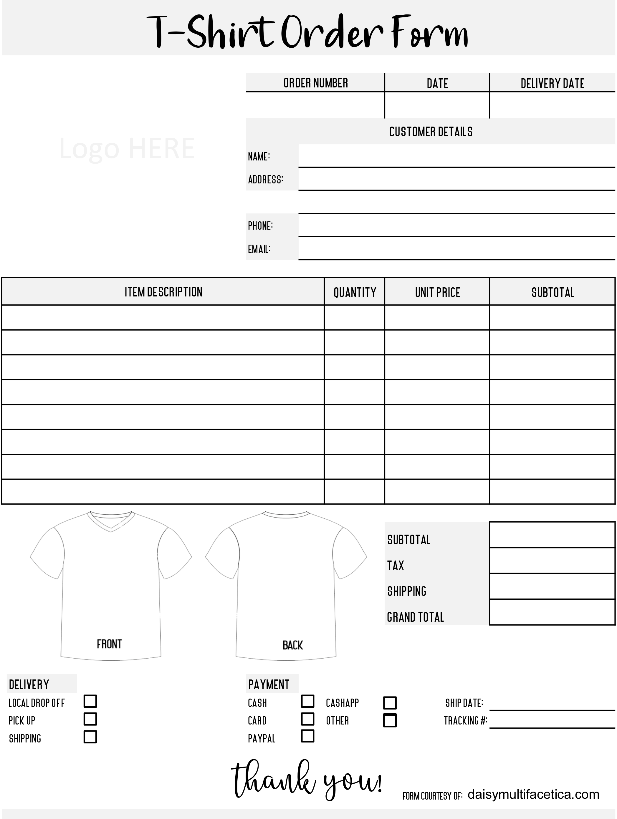 FREE T-Shirt Order Form TEMPLATES in PNG to Customize.