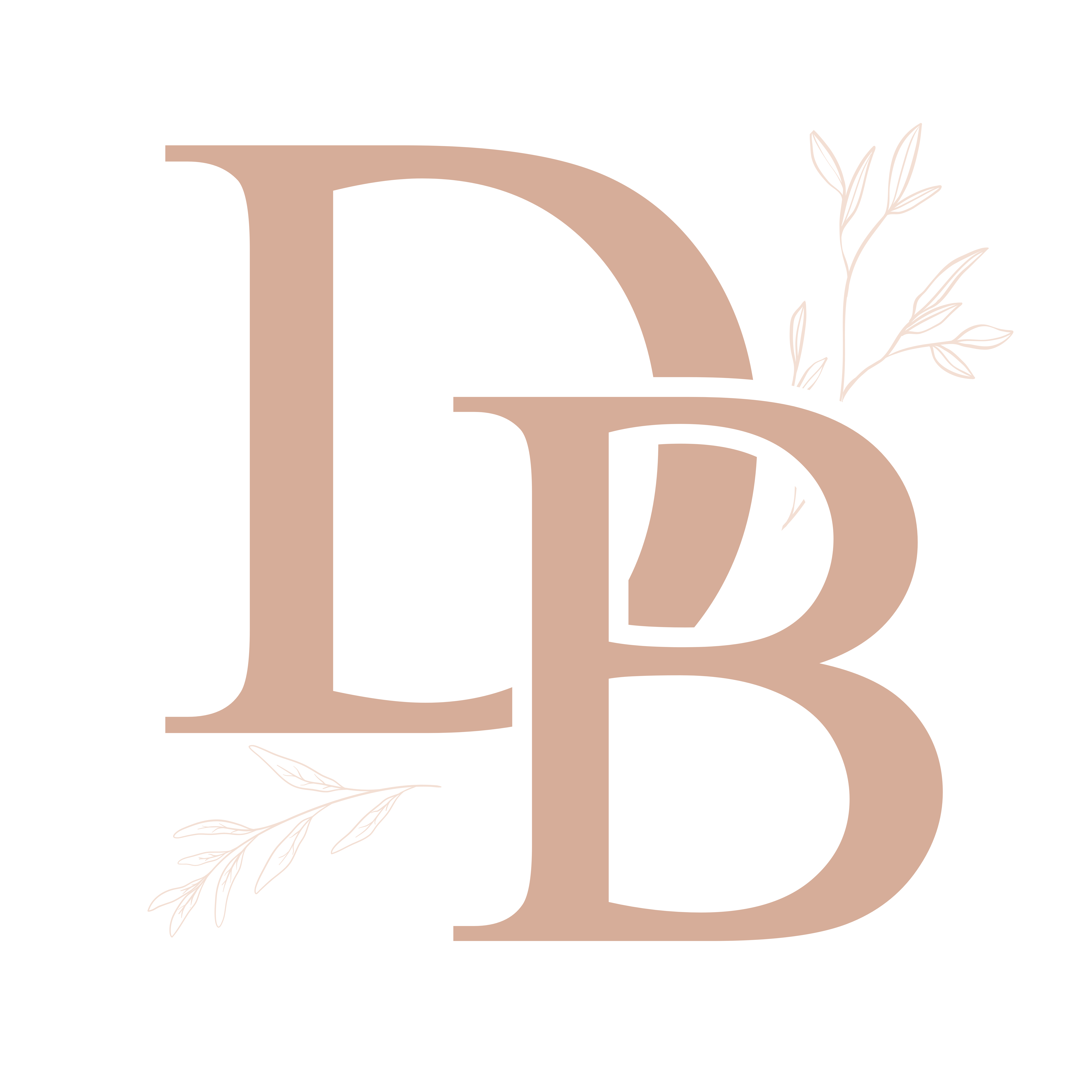 Logo design featuring the letters 'D' and 'B' in a soft beige color with delicate leaf illustrations.